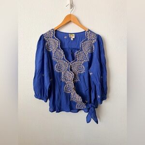 Fig & Flower Blue/Brown Embroidery 3/4 Sleeve Blouse Tunic Top Boho Sz Small